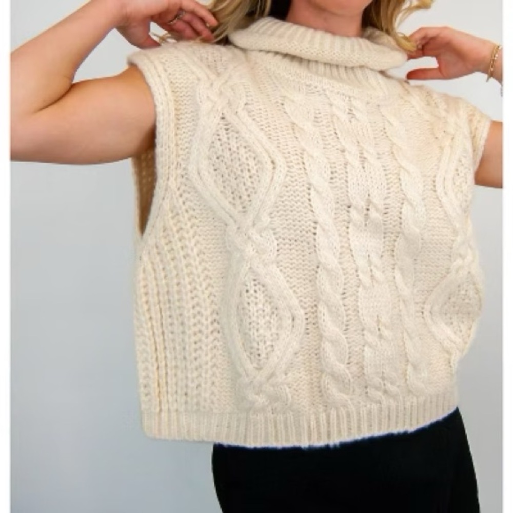 Anthropologie cream cable knit turtleneck sleeveless crop sweater